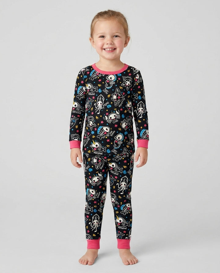 Kawaii Skeleton Ocean Animals Bamboo Two Piece Long Sleeve Pajama Set