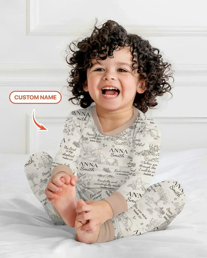 Classic Bear Bible Verse Custom Name Bamboo Two Piece Long Sleeve Pajama Set