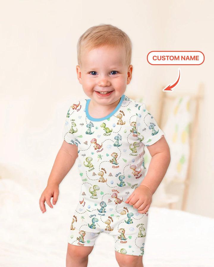 Personalized Dino Friends Bamboo Two Piece Short Sleeve Shorts Pajama Set