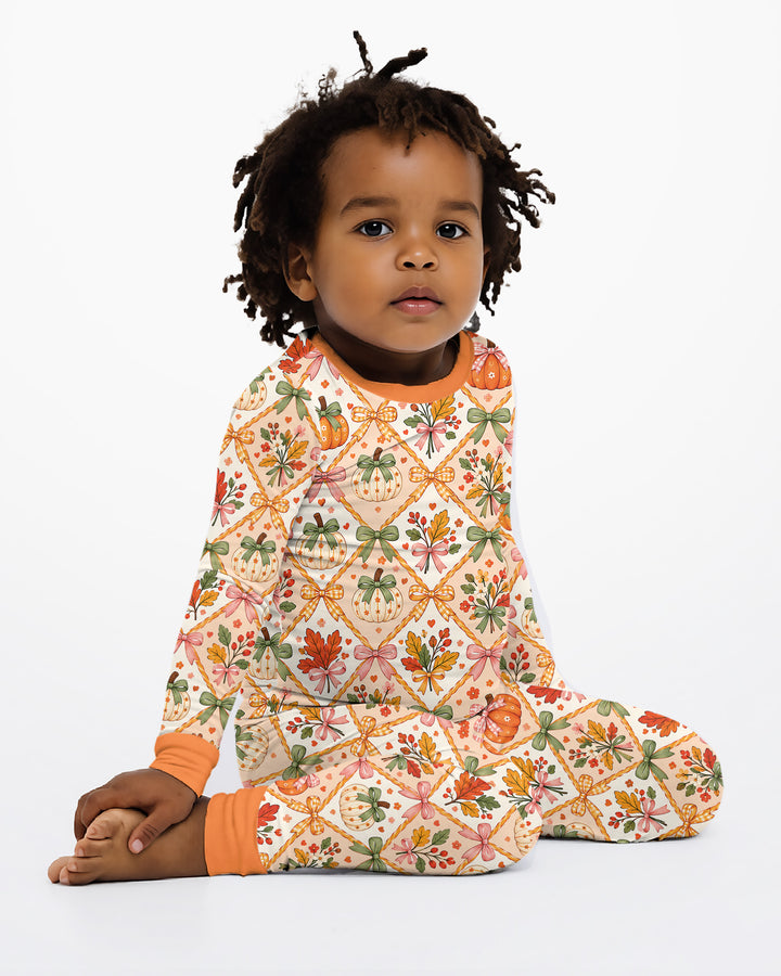 Retro Fall Pumpkin Bow Bamboo Two Piece Long Sleeve Pajama Set