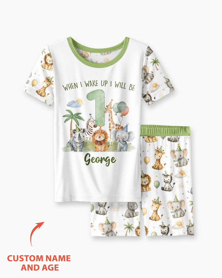Custom Name Safari Animals When I Wake Up I Will Be Birthday Bamboo Two Piece Short Sleeve Shorts Pajama Set