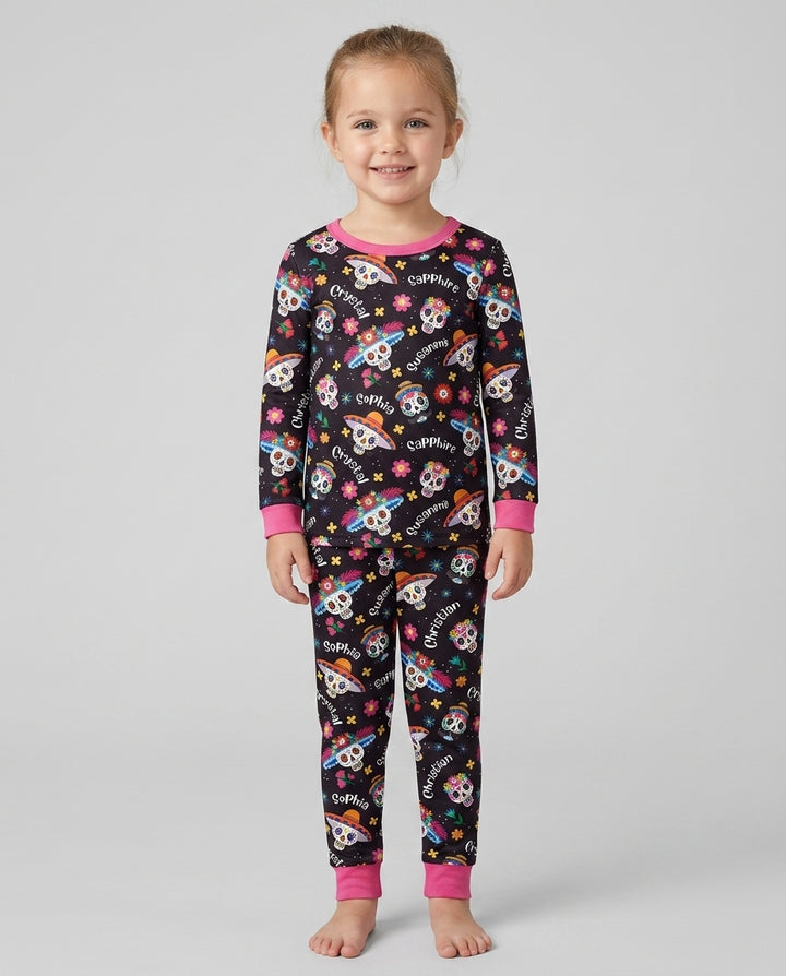 Custom Name Dia De Los Muertos Bamboo Two Piece Long Sleeve Pajama Set