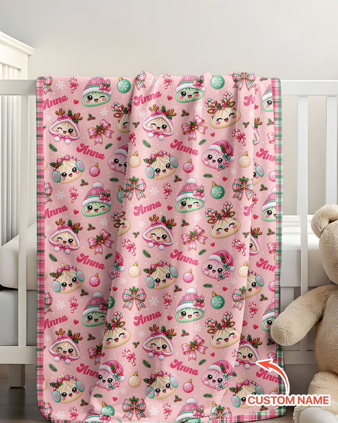 Custom Name Kawaii Christmas Dumpling Bamboo Blanket