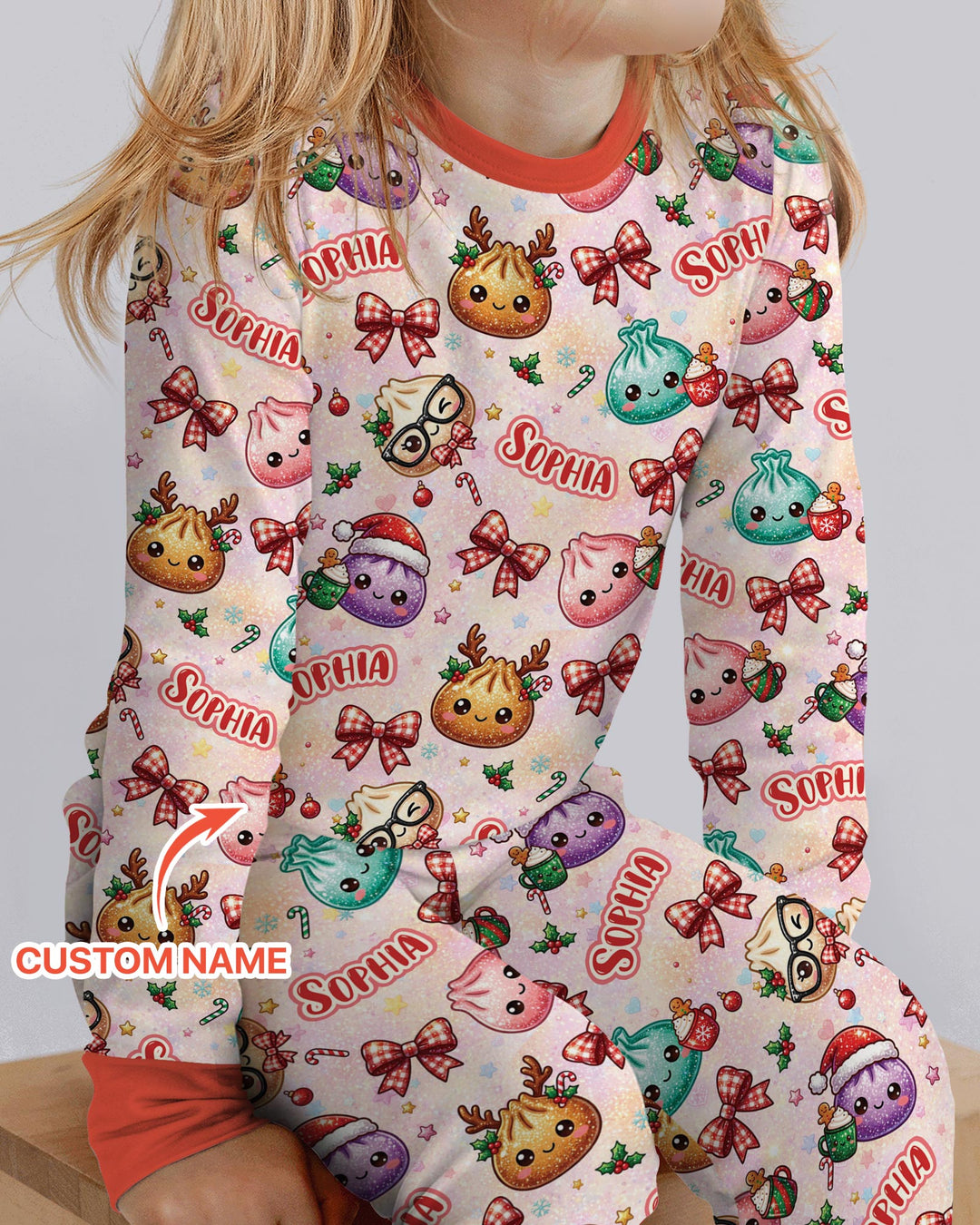 Custom Name Merry Christmas Dumpling Bamboo Two Piece Long Sleeve Pajama Set