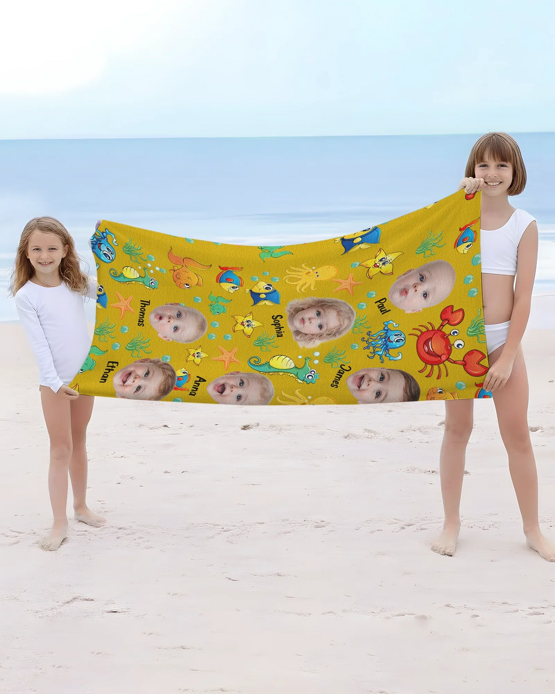 Personalisiertes Foto Niedliches Kindergesicht Aquarell Meerestiere Sommer Bambus Strandtuch