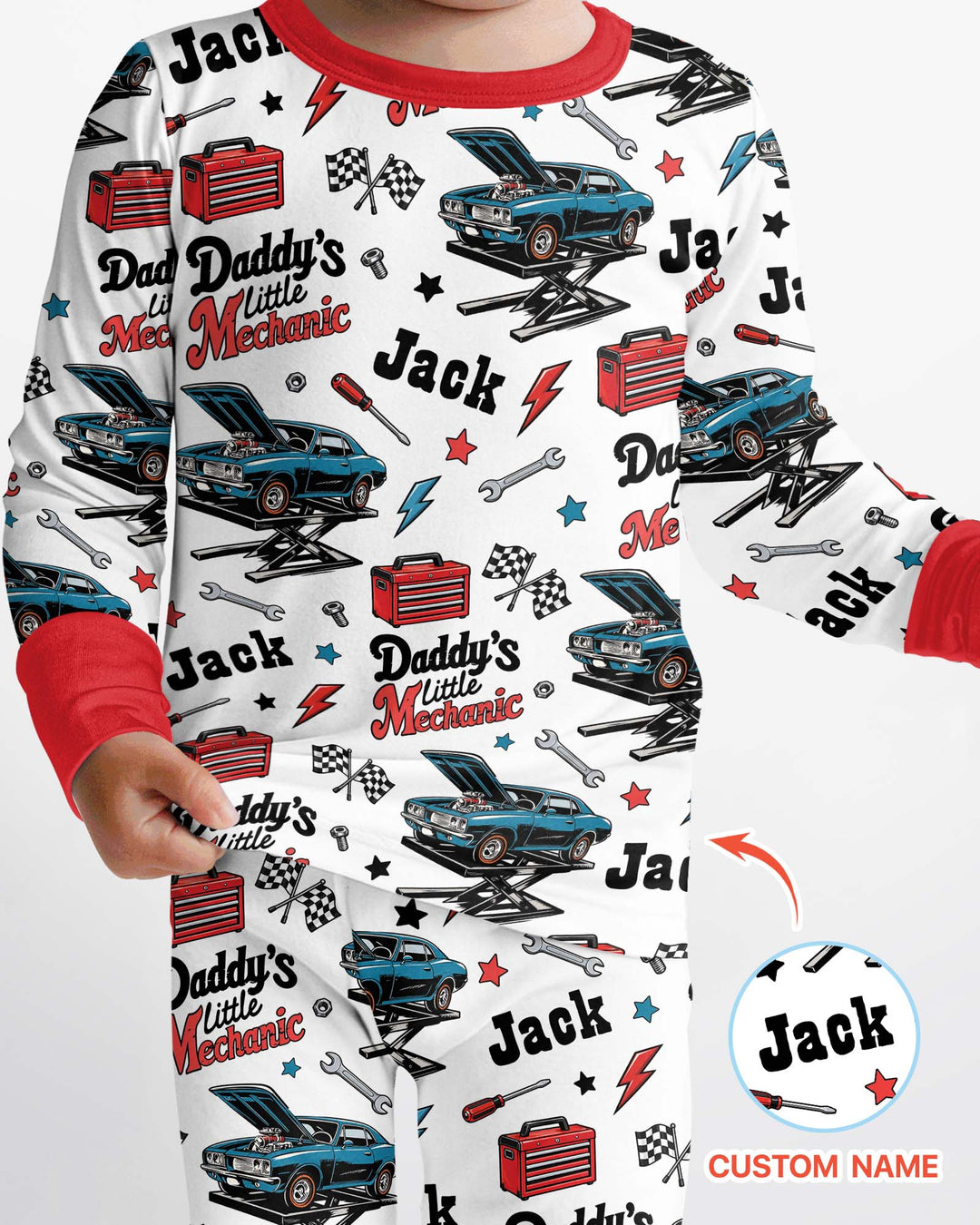 Custom Name Daddy's Little Mechanic Bamboo Two Piece Long Sleeve Pajama Set