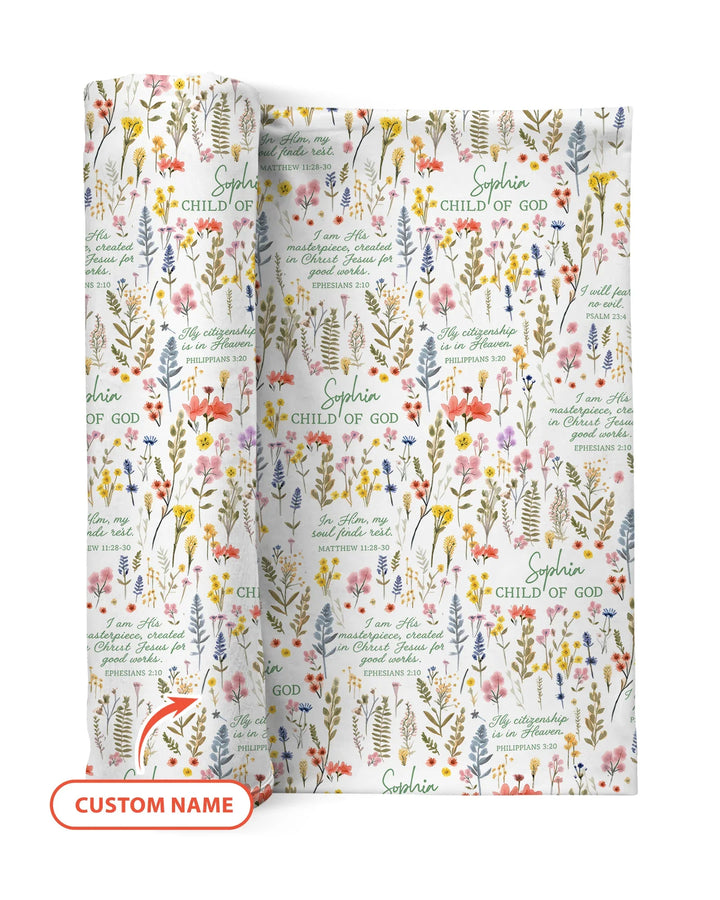Personalisierte Babydecke "Kind Gottes" mit Blumengartenmuster