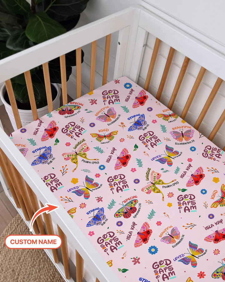 Custom Name God says I am Butterfly Bamboo Fitted Crib Sheet