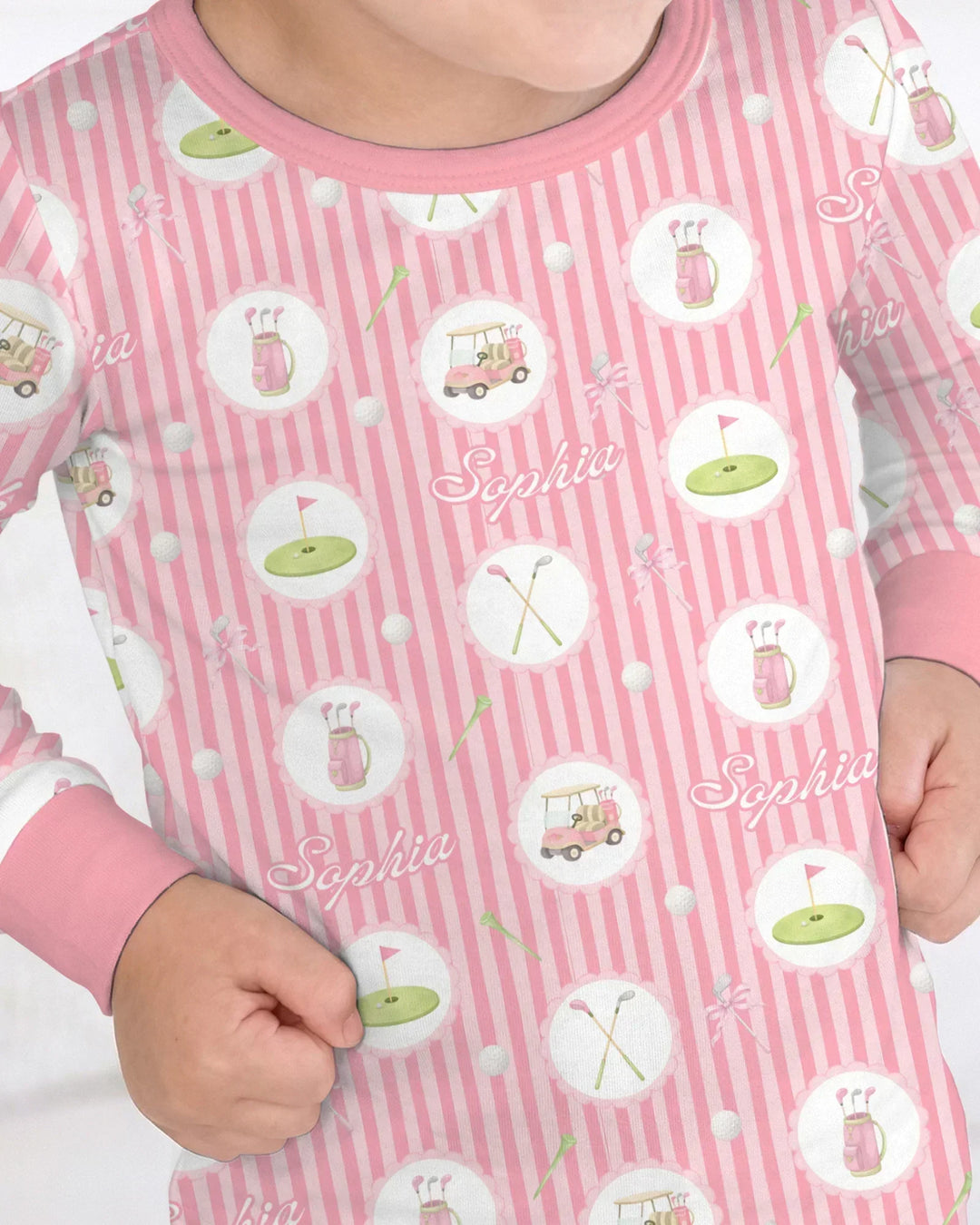 Custom Name Pink Golf Girl Bamboo Two Piece Long Sleeve Pajama Set