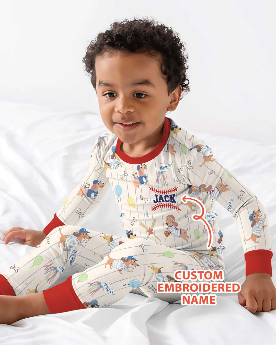 Personalized Embroidered Name Dachshund Baseball Bamboo Two Piece Long Sleeve Pajama Set