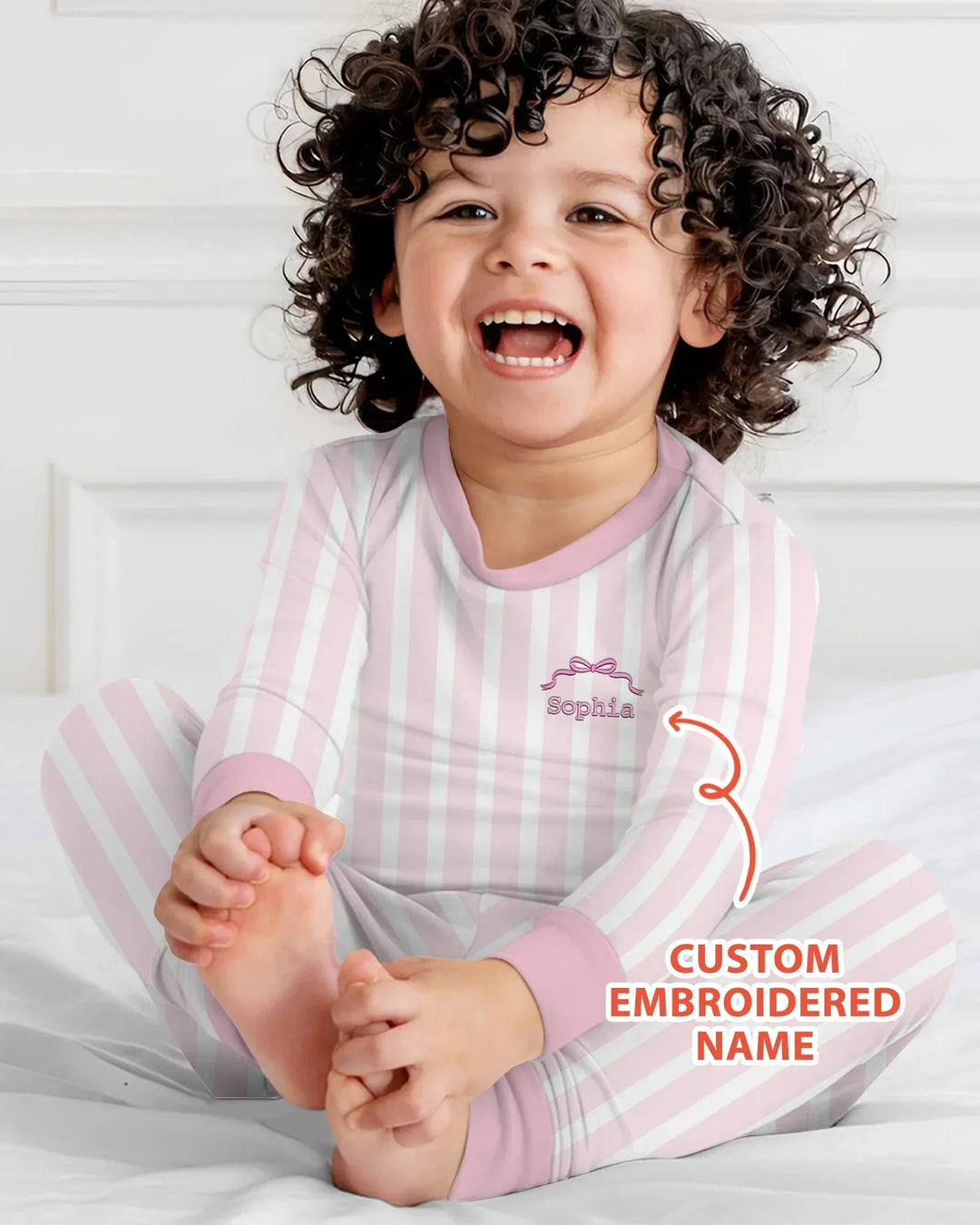 Personalized Embroidered Pink Stripes Baby Bamboo Two Piece Long Sleeve Pajama Set