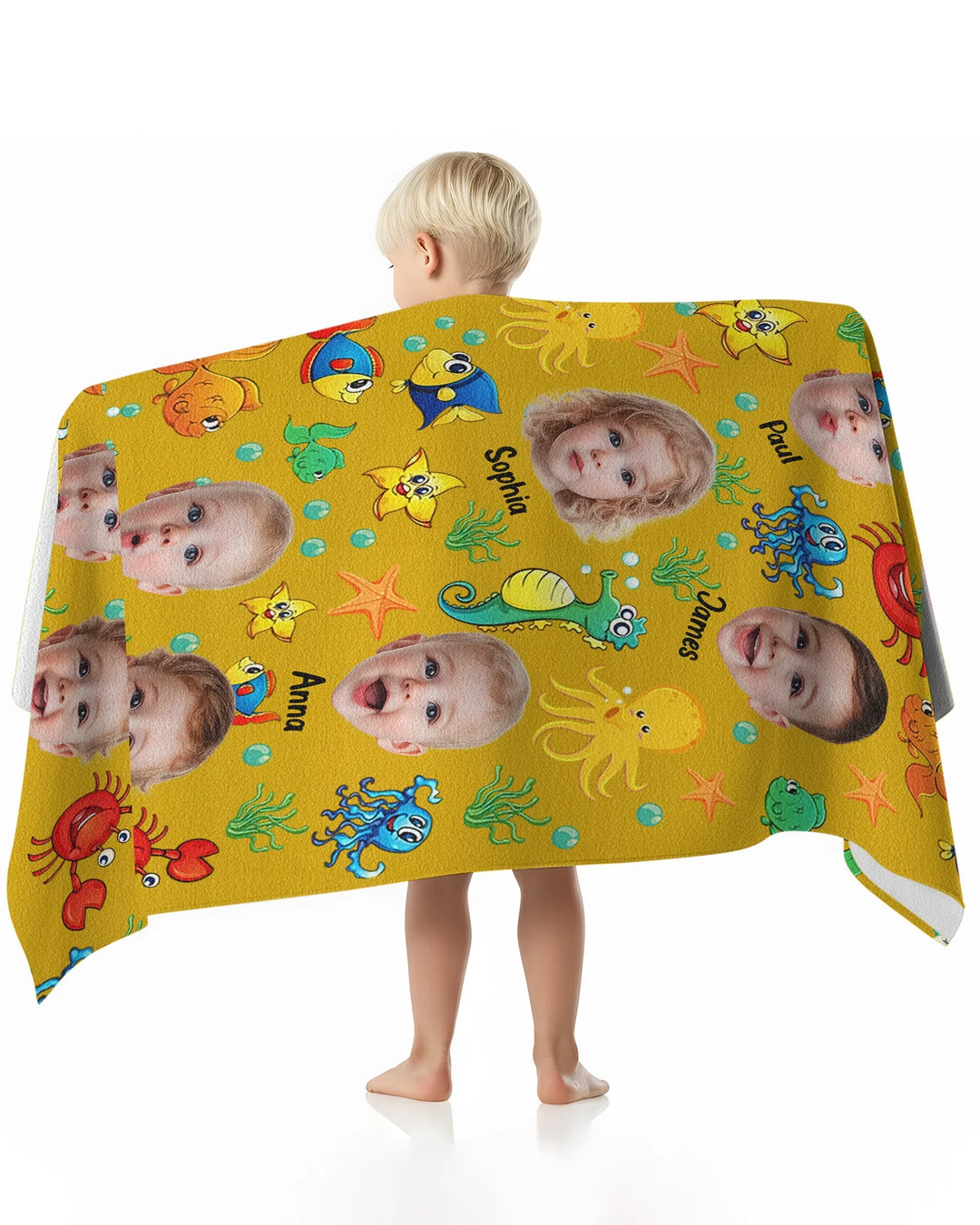 Personalisiertes Foto Niedliches Kindergesicht Aquarell Meerestiere Sommer Bambus Strandtuch