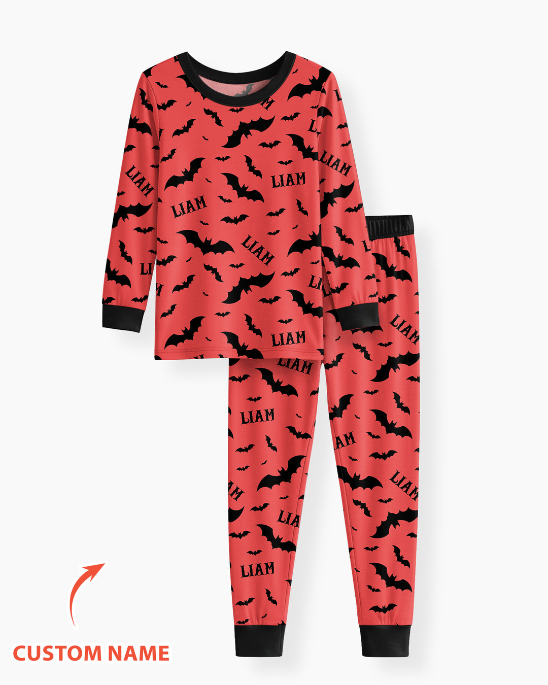 Black Bat Halloween Custom Name Bamboo Two Piece Long Sleeve Pajama Set
