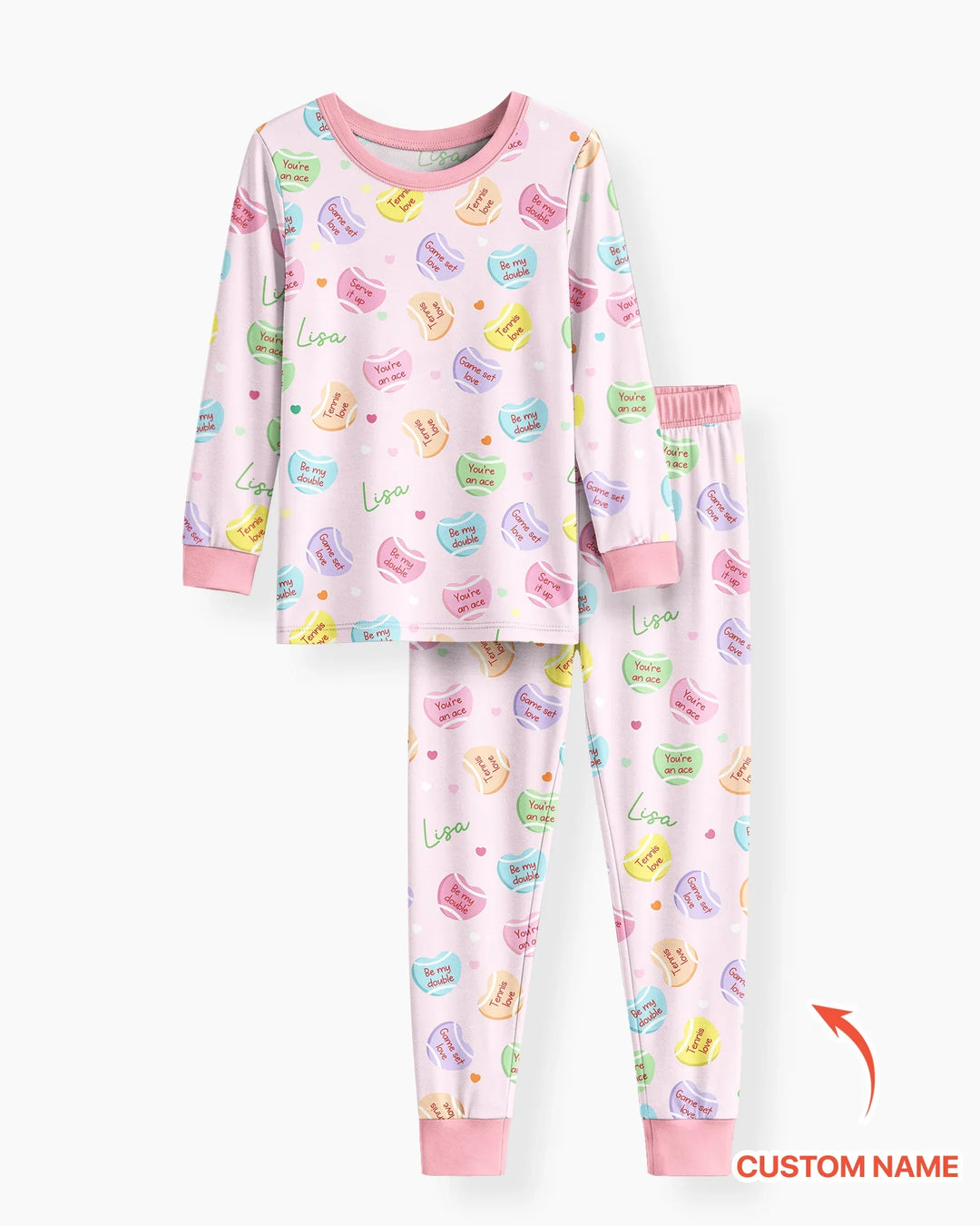 Custom Name Tennis Candy Hearts Bamboo Two Piece Long Sleeve Pajama Set