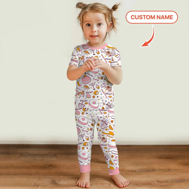 Happy Hanukkah Doodles Custom Name Family Matching Bamboo Two Piece Short Sleeve Pajama Set
