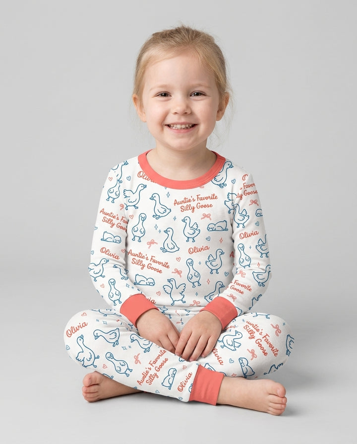 Custom Name Auntie's Favorite Silly Goose Bamboo Two Piece Long Sleeve Pajama Set