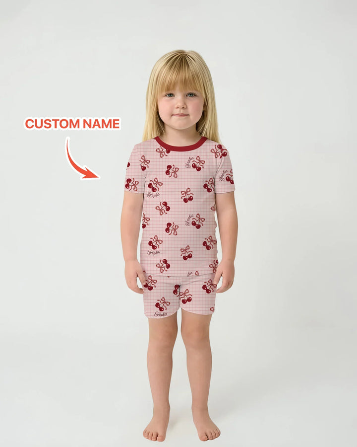 Cherry Mom and Me Bamboo Two Piece Short Sleeve Shorts Pajama Set