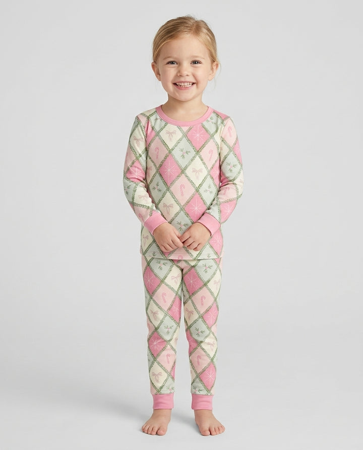 Pink Christmas Patchwork Mommy & Me Matching Bamboo Two Piece Long Sleeve Pajama Set