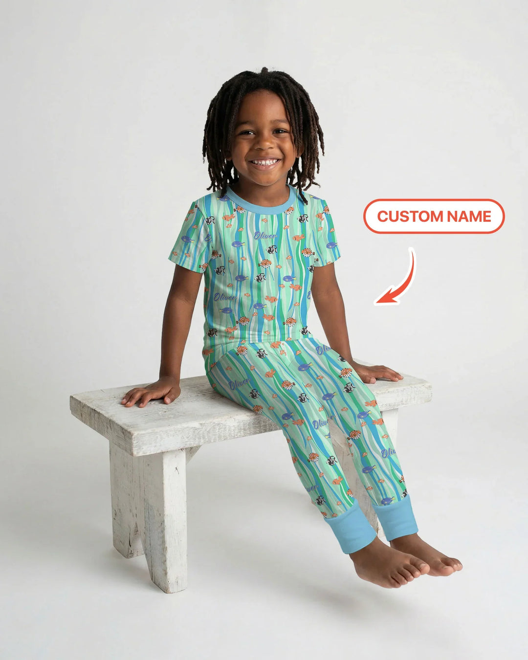 Custom Name Summer Beach Bamboo Two Piece Short Sleeve Pajama Set
