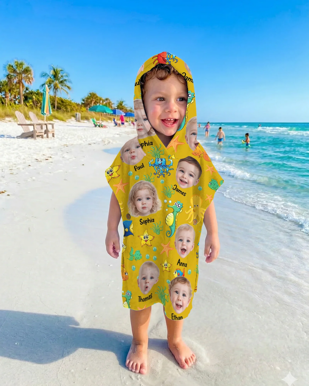 Individuelles Foto Süßes Kindergesicht Aquarell Meerestiere Sommerlicher Bambus-Badeponcho