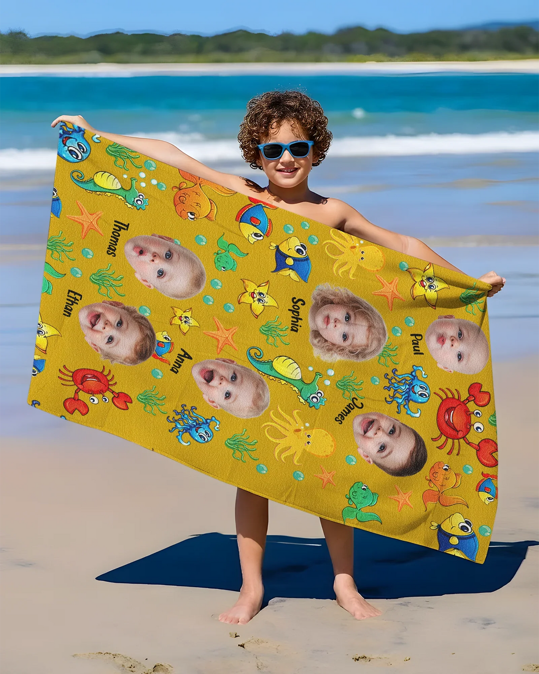 Personalisiertes Foto Niedliches Kindergesicht Aquarell Meerestiere Sommer Bambus Strandtuch