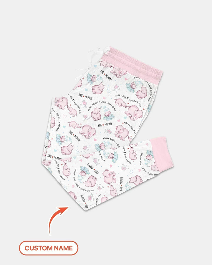 Pyjama-Set für Damen mit Namen, Mutter- und Baby-Elefant aus Bambus