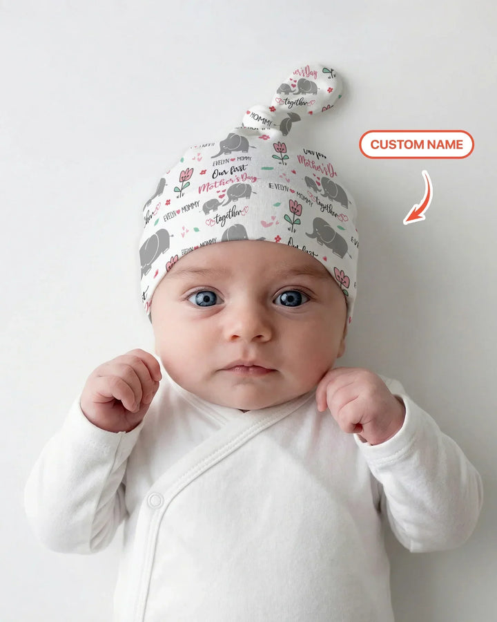 Custom Name Elephant Our First Mother's Day Bamboo Knotted Hat