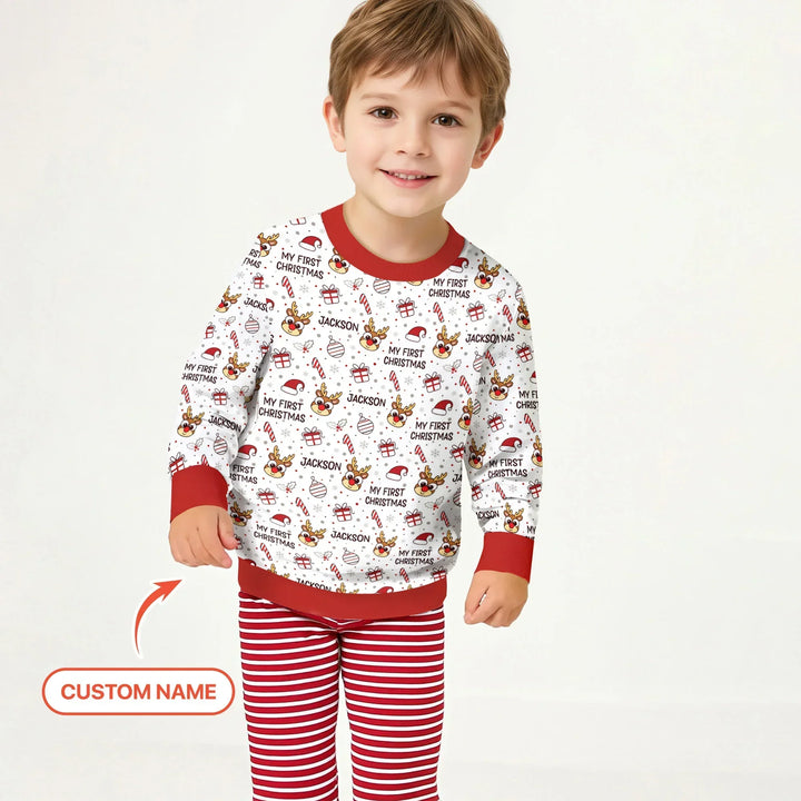 Personalisiertes Rentier-Gekritzel Mein Erstes Weihnachten Bambus-Rundhals-Sweatshirt