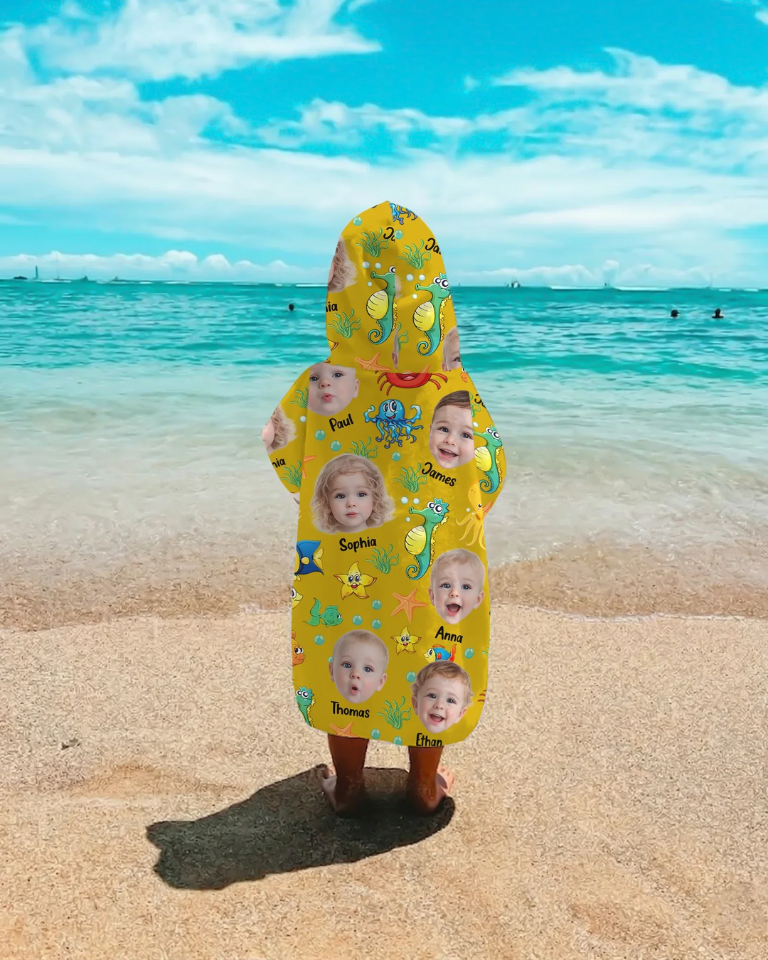 Individuelles Foto Süßes Kindergesicht Aquarell Meerestiere Sommerlicher Bambus-Badeponcho