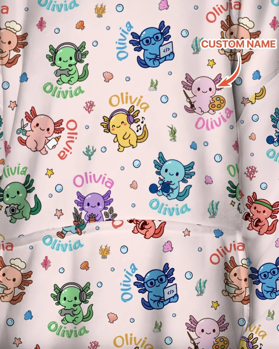 Personalisierte Namenssüße Hobby Axolotl Bambus Decken-Kapuzenjacke