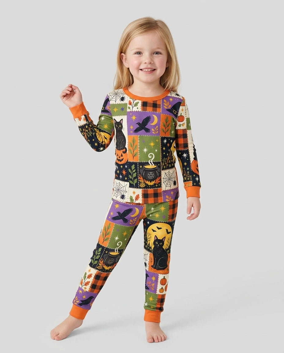 Halloween Black Cat Patchwork Bamboo Two Piece Long Sleeve Pajama Set