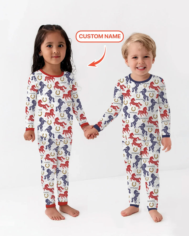 Custom Name Chinoiserie Horses Bamboo Two Piece Long Sleeve Pajama Set
