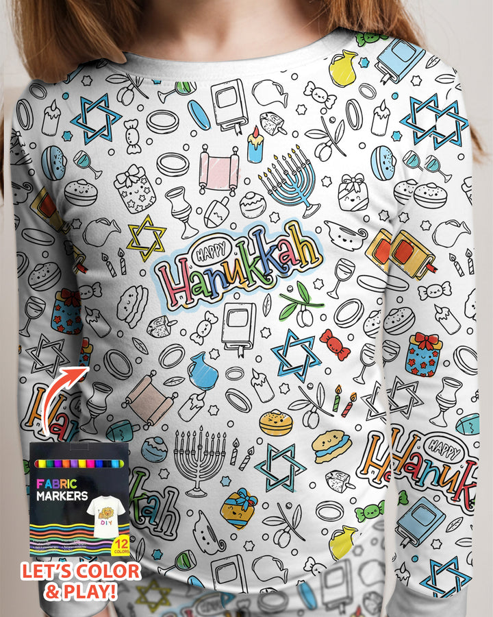 Happy Hanukkah Colorable Bamboo Two Piece Long Sleeve Pajama Set