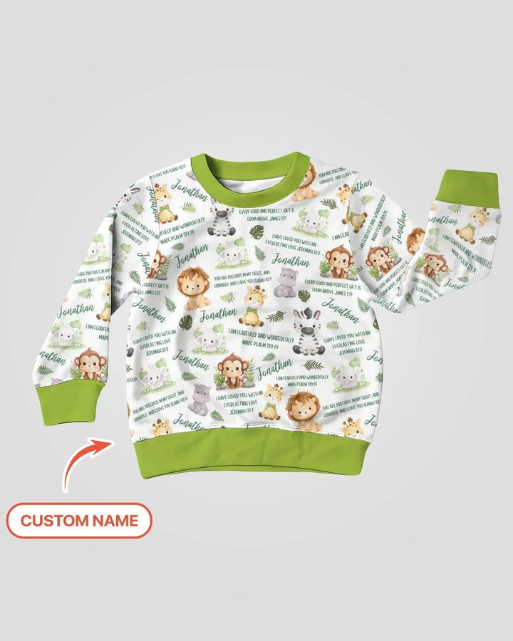 Personalisiertes Bibelvers Safari-Tier Bambus Rundhals-Sweatshirt