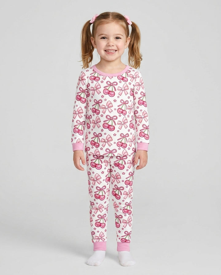 Pink Glitter Cherry Bows Bamboo Two Piece Long Sleeve Pajama Set