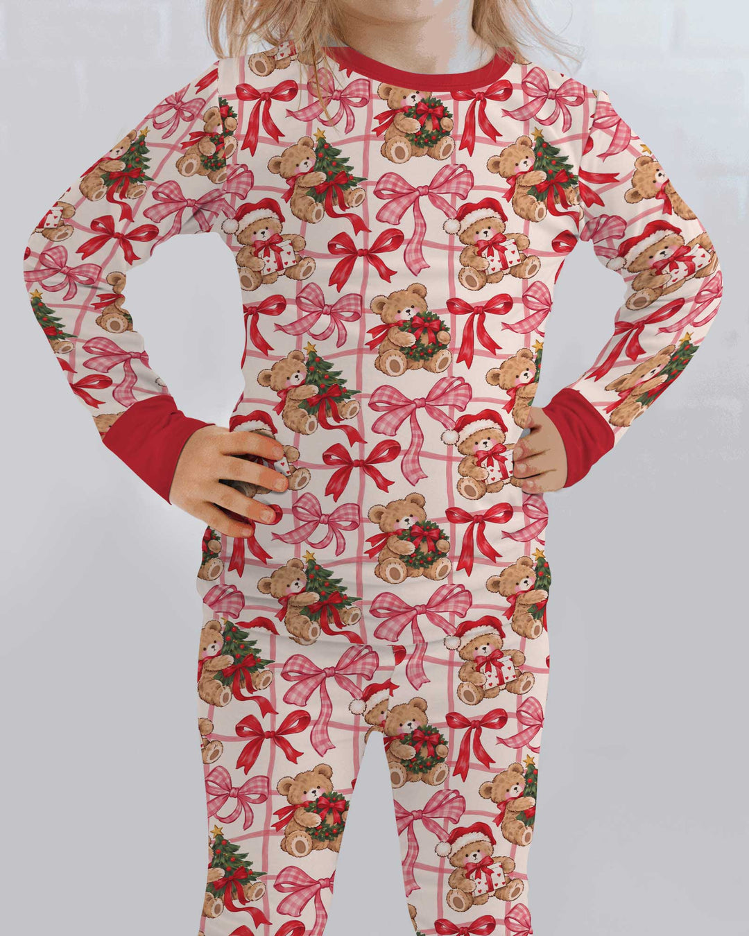 Pink Christmas Teddy Bear Plaid Mommy & Me Matching Bamboo Two Piece Long Sleeve Pajama Set