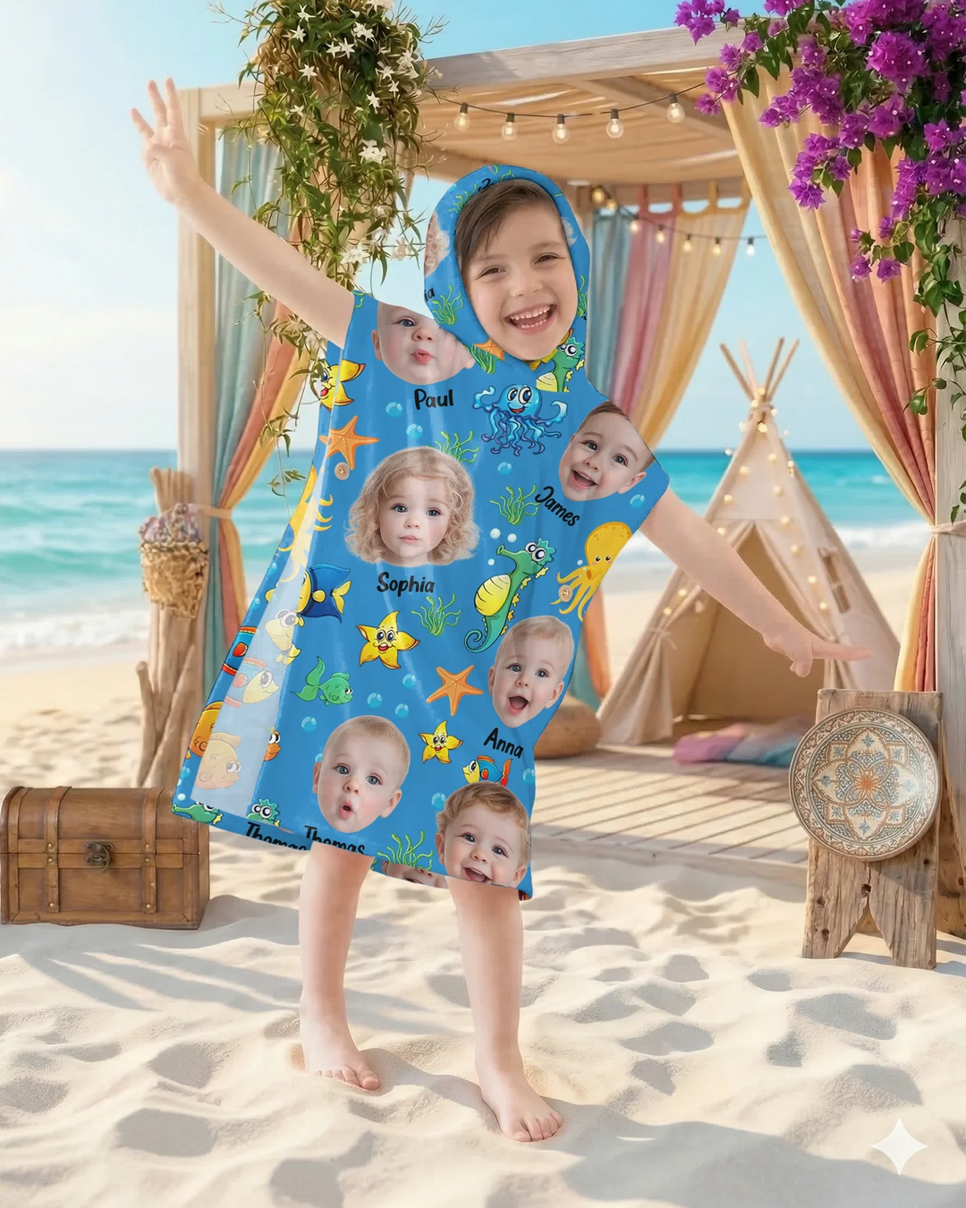 Individuelles Foto Süßes Kindergesicht Aquarell Meerestiere Sommerlicher Bambus-Badeponcho