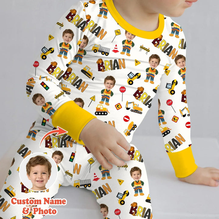 Custom Photo Doodle Little Builder Bamboo Two Piece Long Sleeve Pajama Set