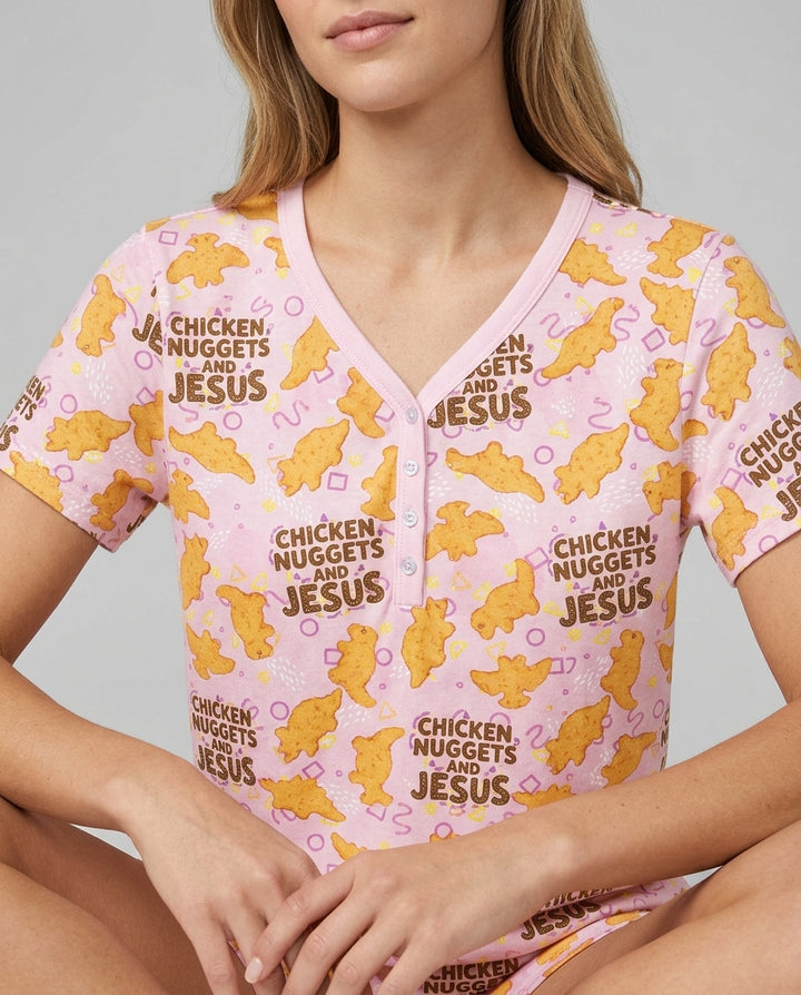 Chicken Nuggets and Jesus Family Matching Bamboo Women Short Sleeve Short Pajama Set