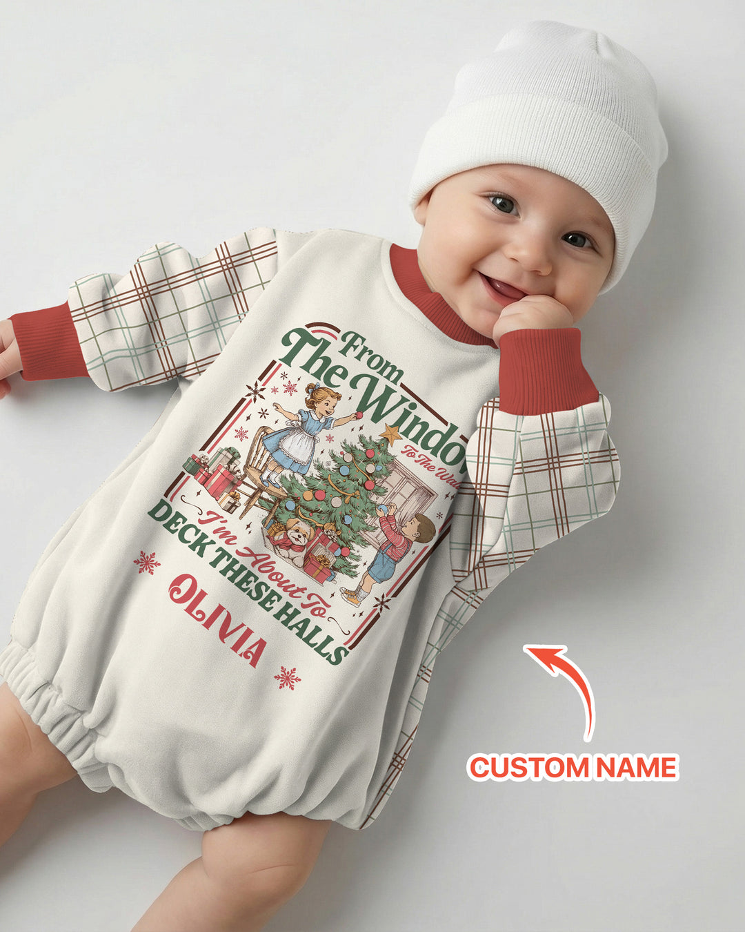 Custom Name Vintage Deck The Halls Bamboo Bubble Romper