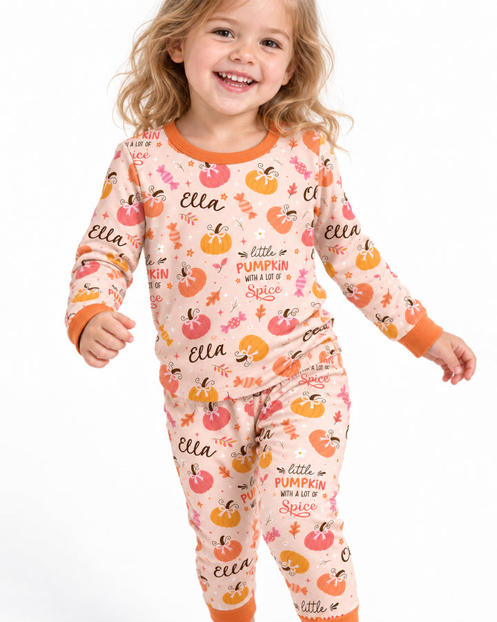 Custom Name Little Pumpkin With A Lot Of Spice Bamboo Two Piece Long Sleeve Pajama Set
