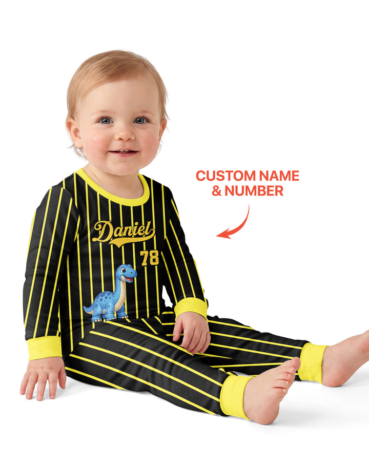 Personalized Retro Stripe Dinosaur T-Rex Bamboo Two Piece Long Sleeve Pajama Set