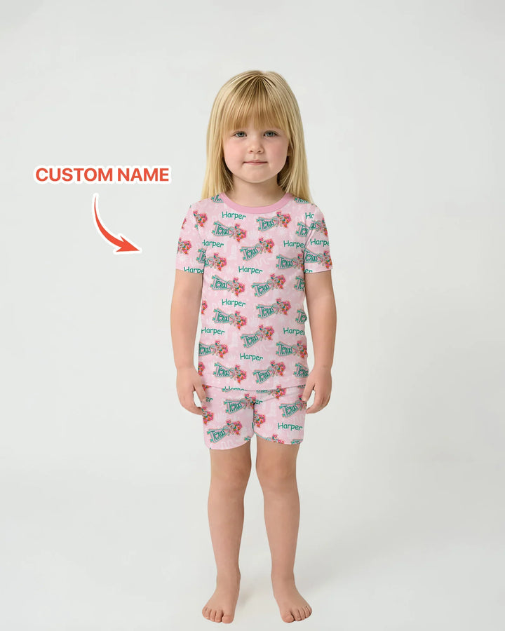 Custom Name Preppy Texas Charm Bamboo Two Piece Short Sleeve Shorts Pajama Set