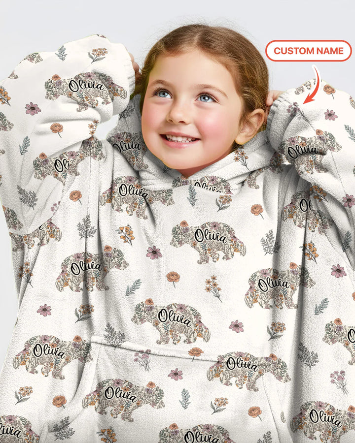 Personalisierter Blumen-Bär Familie passende Bambus Decken-Hoodie