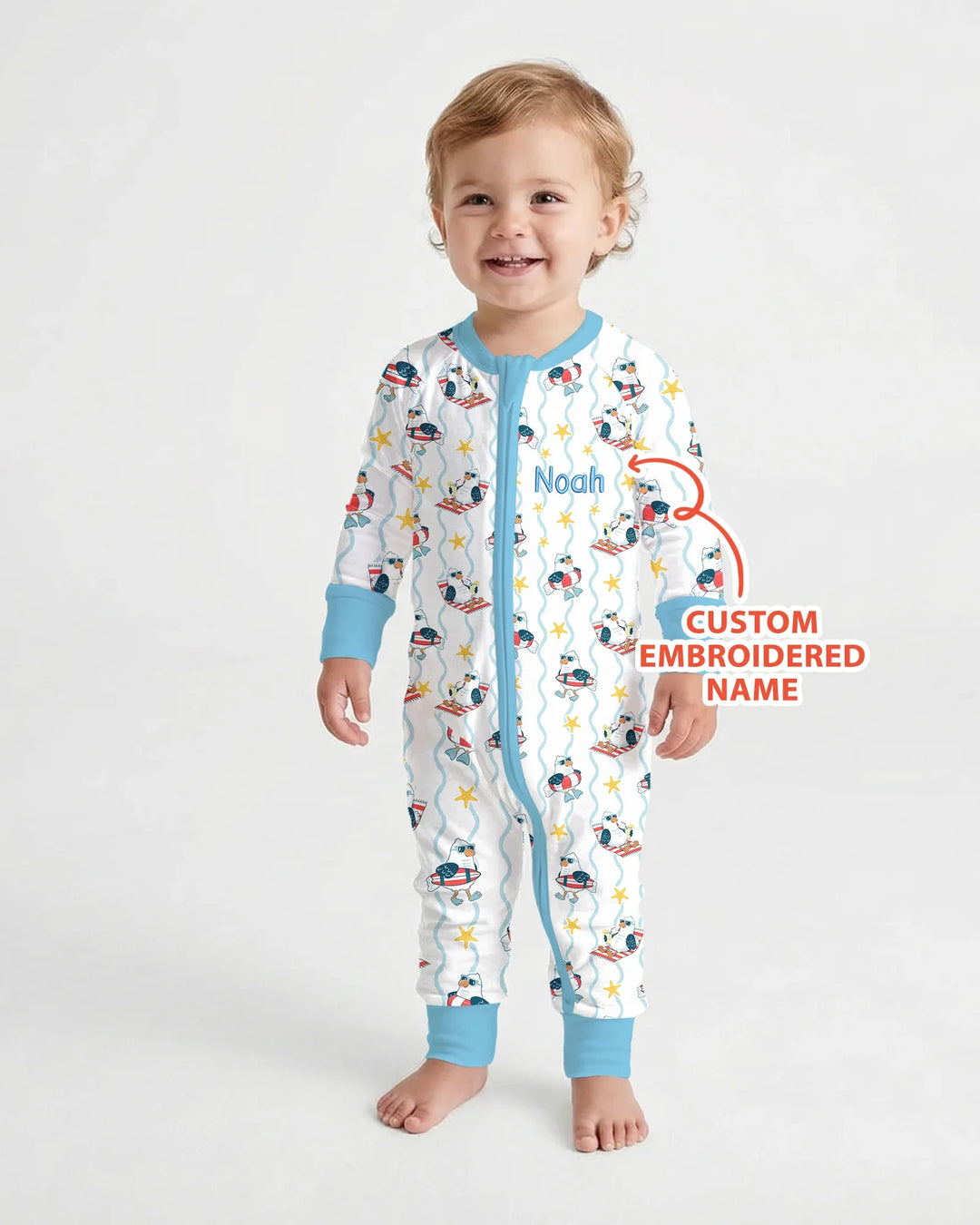 Personalized Embroidered Summer Seagull Baby Bamboo Convertible Zippy