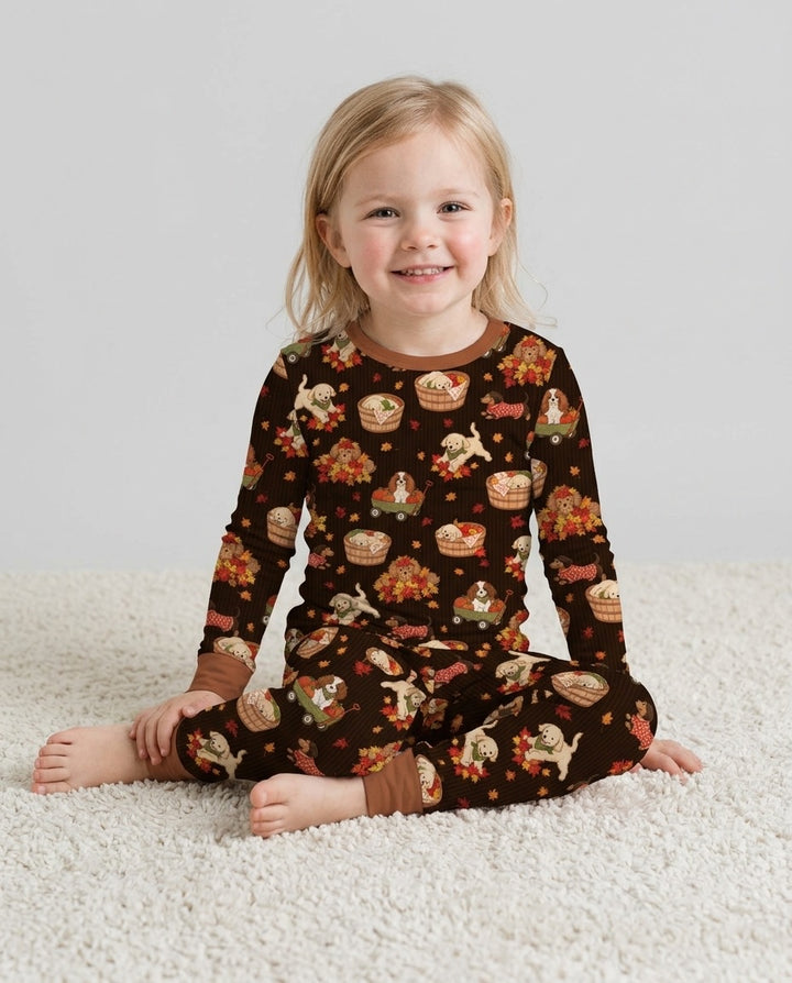 Pups in the Leaves Bamboo Two Piece Long Sleeve Pajama Set