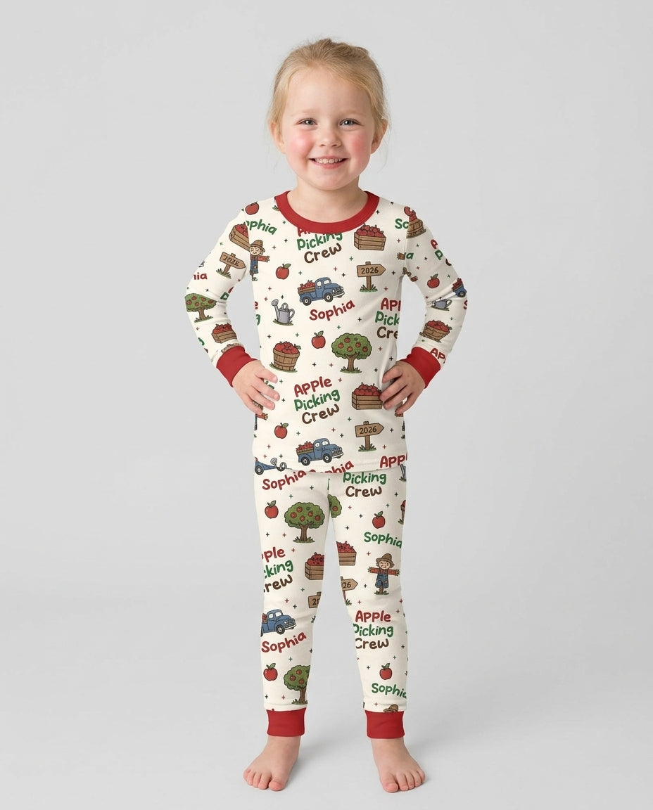Custom Name Apple Picking Crew Bamboo Two Piece Long Sleeve Pajama Set