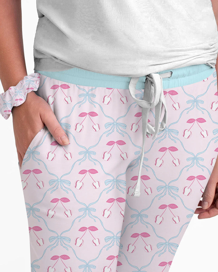 Kirsch-Baseball-Softball-Mama-und-Mädchen-passendes-Bambus-Damen-Pyjama-Set