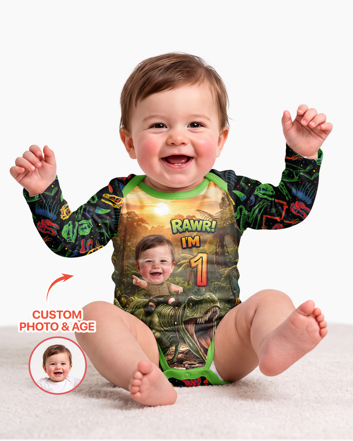 Custom Photo Dino Rawr Birthday Bamboo Bodysuit
