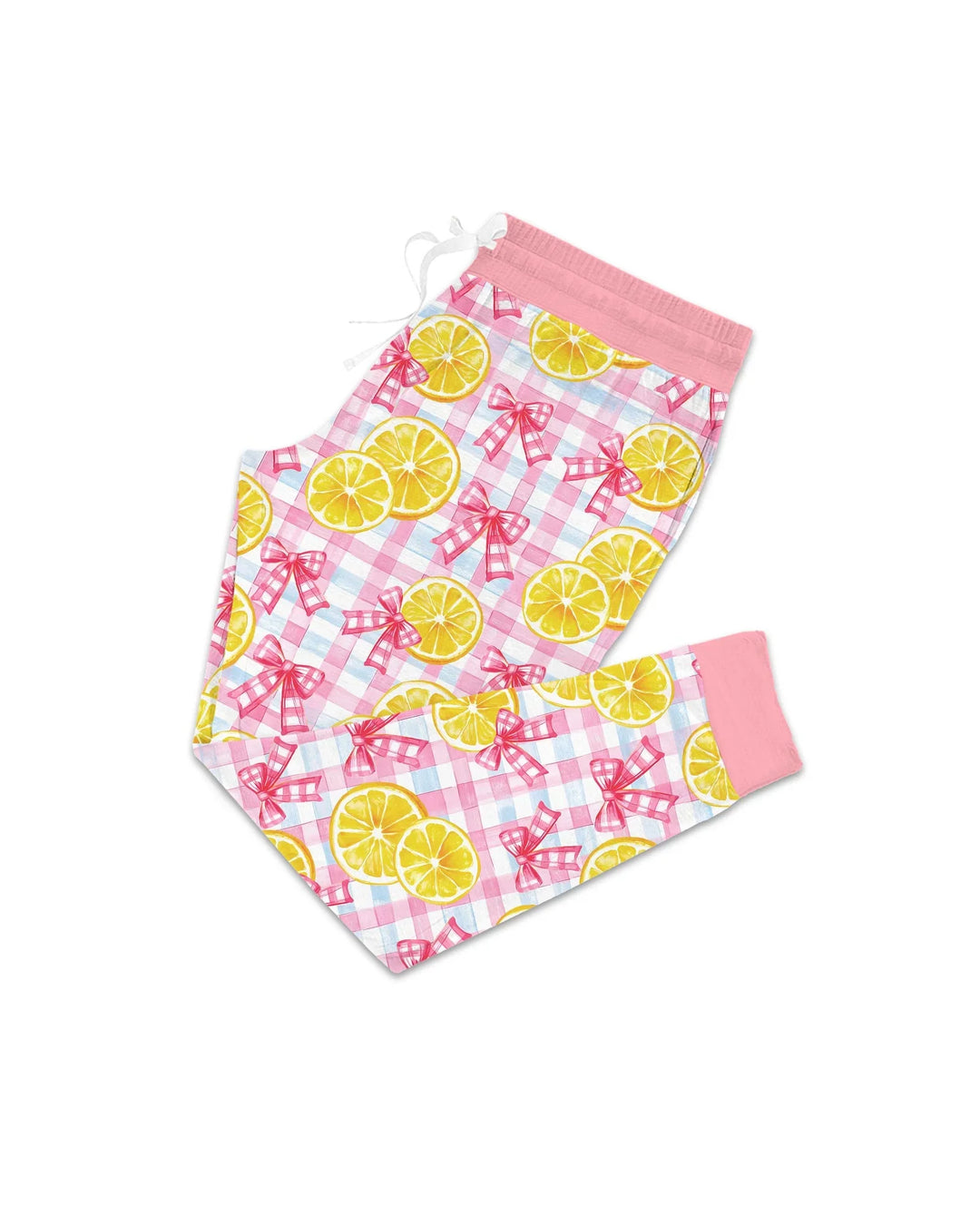 Pink Lemons Schleifen Kariertes Bambus Damen Schlafanzug Set